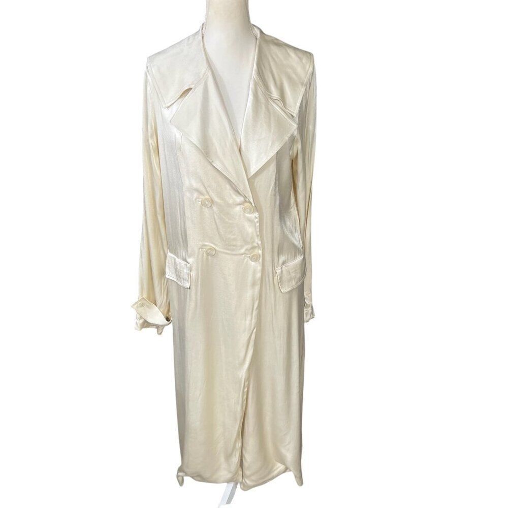 Something Navy NWT Women's Satin Like Long Double Breasted Trench Ivory Size M